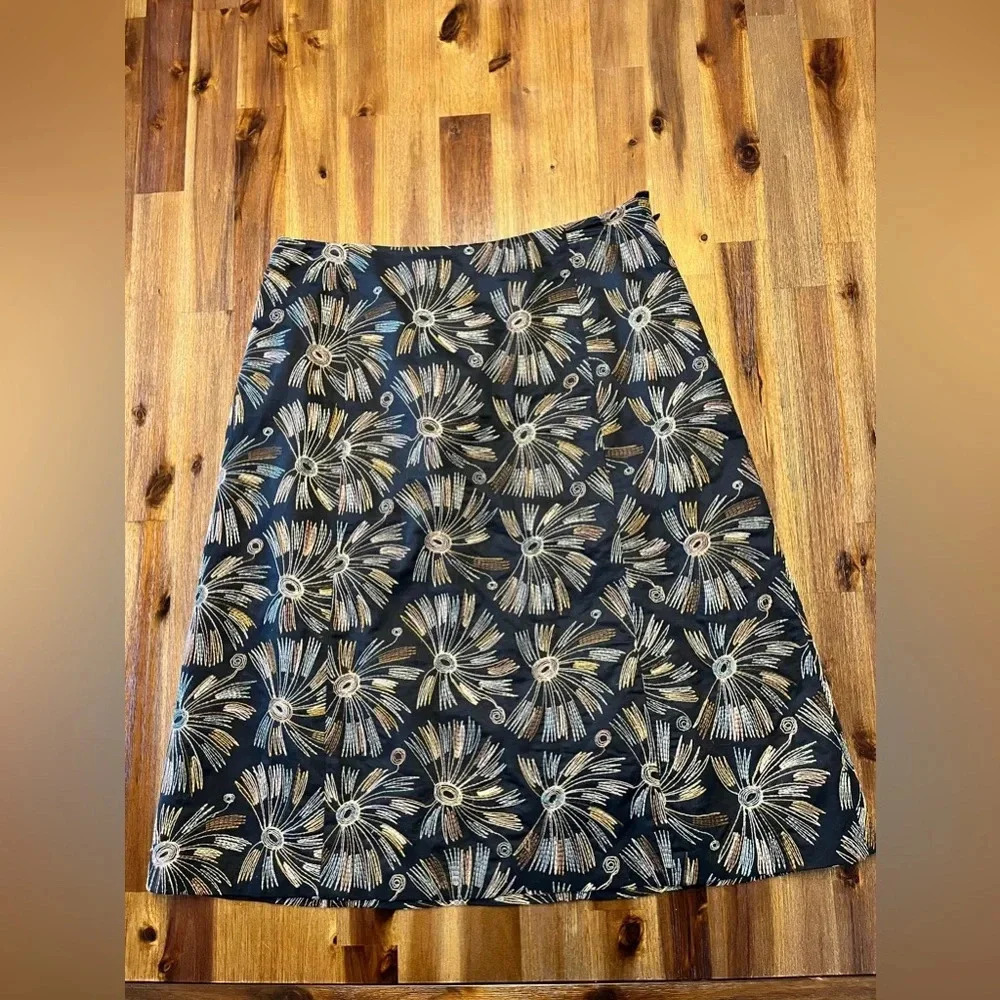 Talbots Vintage Embroidered lined 100% cotton brown A-line Skirt size 6